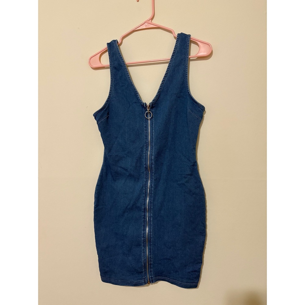 IRIS Blue Denim Full Zip Front Mini Dress Medium Wash Sleeveless Bodycon M
